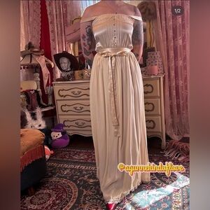 Gunne Sax Cream Satin Maxi Dress with Waist Tie